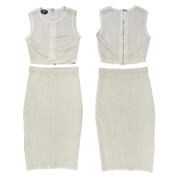BEBE Beige Skirt Set Bandage 2 Piece Set Top Size Small Skirt Size Medium - Picture 2 of 12